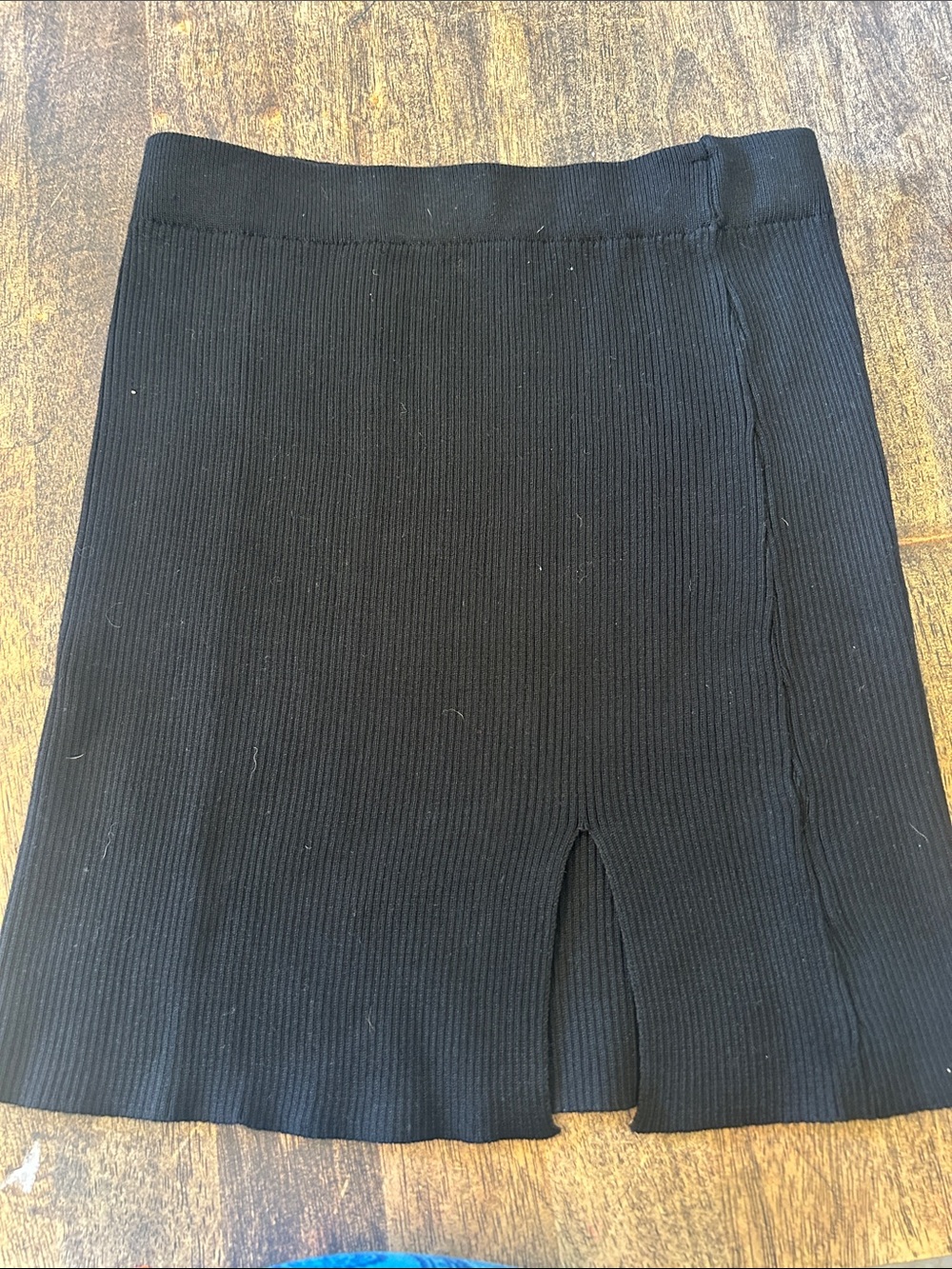 Slim Ribbed Black Mini Skirt with Front Notch
